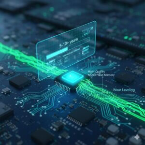 Photorealistic image set in an Advanced R&D Lab Workspace, featuring a glowing circuit board with intricate traces and a central light stream, symbolizing High-Quality NAND Flash Memory and Wear Leveling. The scene conveys precision and data integrity for industrial computing environments, highlighting the extended lifespan of an industrial SSD through advanced technology.