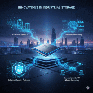 Futuristic cityscape at dusk, with an Industrial SSD chip at the center glowing with blue light. Connections radiate from the SSD to four hexagonal panels representing future trends in industrial storage: NVMe over Fabrics, AI-Driven Monitoring, Enhanced Security Protocols (with a shield and lock icon), and Integration with IoT & Edge Computing (with server and drone icons). This visual highlights the importance of a reliable SSD manufacture with strong WAF (Write Amplification Factor) control in these advanced, high-performance applications.