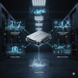 Central Industrial SSD with connections radiating out to various holographic displays representing its applications and industry-specific use cases. These include Manufacturing & Automation, Transportation & Automotive, Healthcare & Medical Equipment, Energy & Utilities, and Military & Aerospace. The image emphasizes the critical role of a reliable SSD manufacture with WAF control in ensuring data integrity and uptime across diverse demanding environments.
