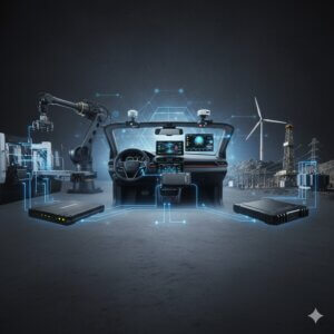 A visualized image illustrating the pivotal role of industrial SSDs in Edge AI and IoT applications. The scene depicts SSD devices connected to a smart factory robotic arm, an autonomous vehicle's interior interface, and remote energy infrastructure (wind power, oil and gas drilling). All elements are linked by blue glowing network lines, symbolizing data flow and the integration of edge computing.