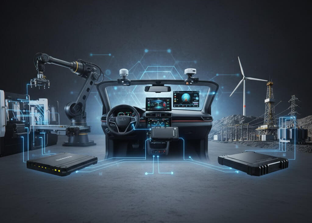 A visualized image illustrating the pivotal role of industrial SSDs in Edge AI and IoT applications. The scene depicts SSD devices connected to a smart factory robotic arm, an autonomous vehicle's interior interface, and remote energy infrastructure (wind power, oil and gas drilling). All elements are linked by blue glowing network lines, symbolizing data flow and the integration of edge computing.