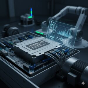 Photorealistic image of an Industrial SSD embedded within a circuit board, connected to cables, in an industrial setting with robotic arms and data displays in the background. Highlights high reliability, durability, and data integrity for factory automation systems, embedded computing, and Industrial IoT applications.