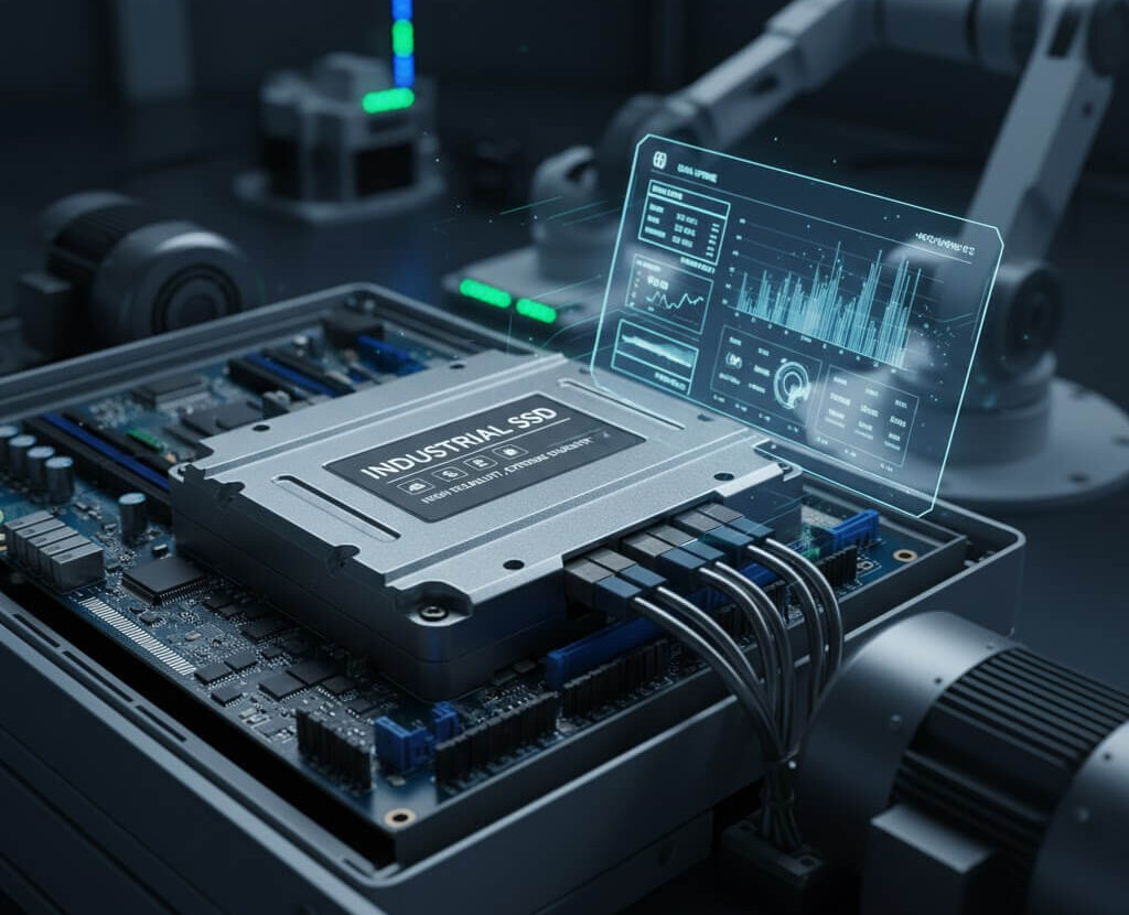 Photorealistic image of an Industrial SSD embedded within a circuit board, connected to cables, in an industrial setting with robotic arms and data displays in the background. Highlights high reliability, durability, and data integrity for factory automation systems, embedded computing, and Industrial IoT applications.