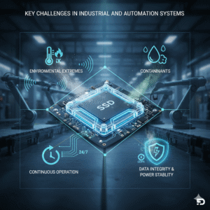 Diagram illustrating the Key Challenges in Industrial and Automation Systems overcome by Industrial SSD technology, including: Environmental Extremes, Contaminants, Continuous Operation (24/7), and Data Integrity & Power Stability (GDPR compliance).
