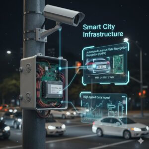 Industrial SSDs enable real-time AI inference for Smart City infrastructure, handling high-speed surveillance video ingest and ultra-low latency lookups for ANPR and traffic management.