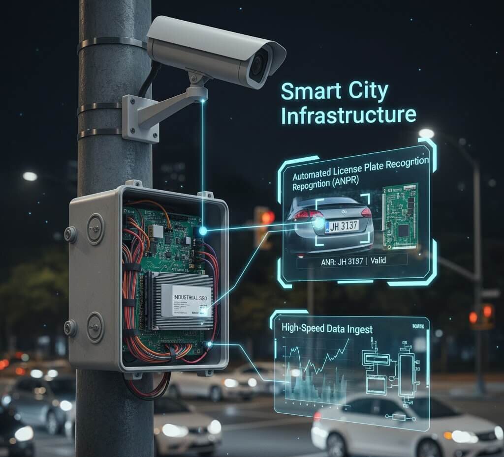 Industrial SSDs enable real-time AI inference for Smart City infrastructure, handling high-speed surveillance video ingest and ultra-low latency lookups for ANPR and traffic management.